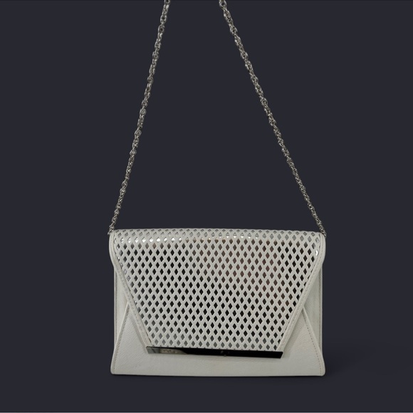 Lulu Townsend Handbags - Woven Faux Leather envelope clutch shoulder Bag White Silver lulu Townsend
